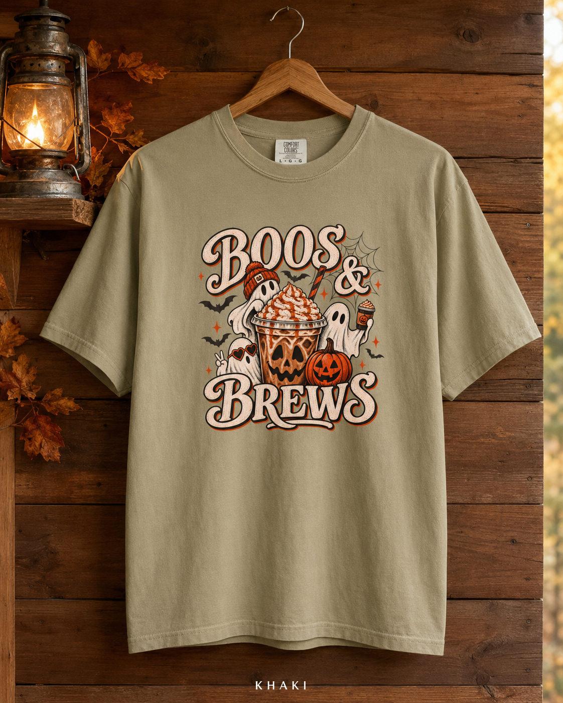Boos & Brews Halloween Graphic T-shirt | Pumpkin Ghost Coffee Tee
