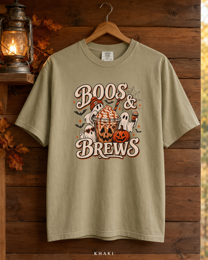 Boos & Brews Halloween Graphic T-shirt | Pumpkin Ghost Coffee Tee