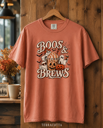 Boos & Brews Halloween Graphic T-shirt | Pumpkin Ghost Coffee Tee