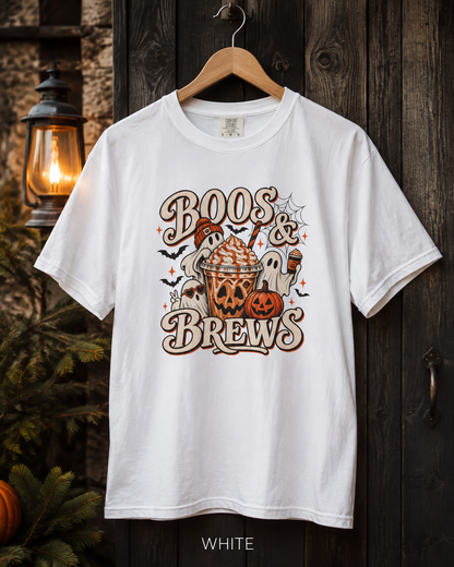 Boos & Brews Halloween Graphic T-shirt | Pumpkin Ghost Coffee Tee