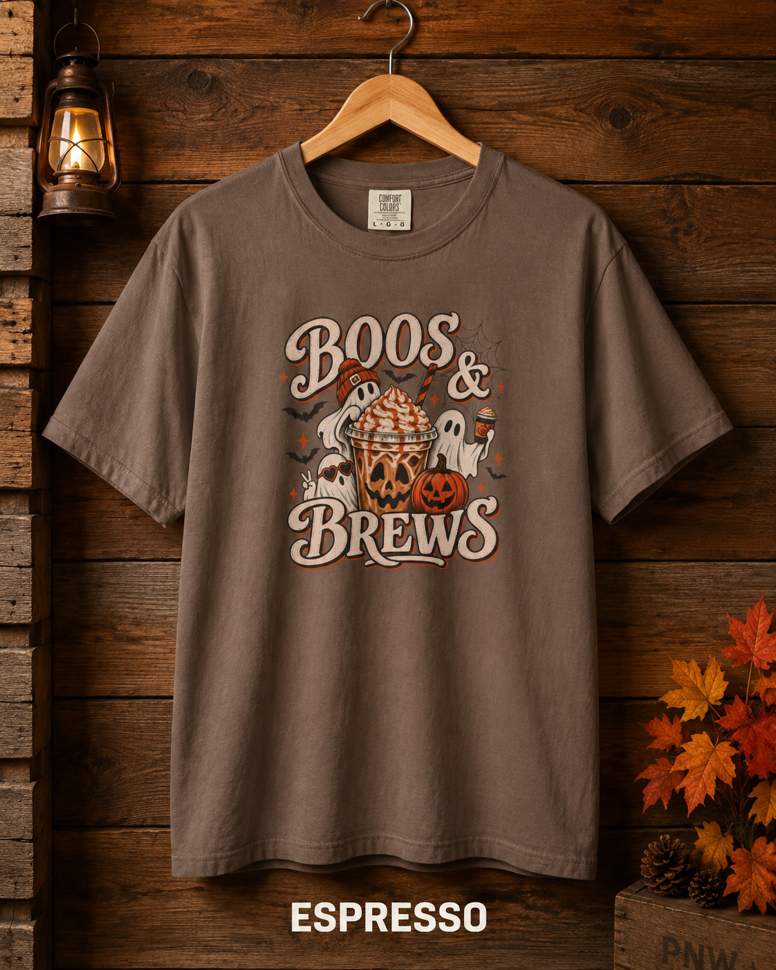 Boos & Brews Halloween Graphic T-shirt | Pumpkin Ghost Coffee Tee
