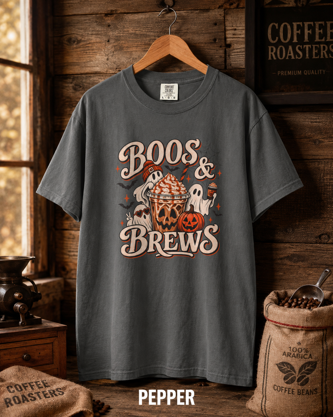 Boos & Brews Halloween Graphic T-shirt | Pumpkin Ghost Coffee Tee