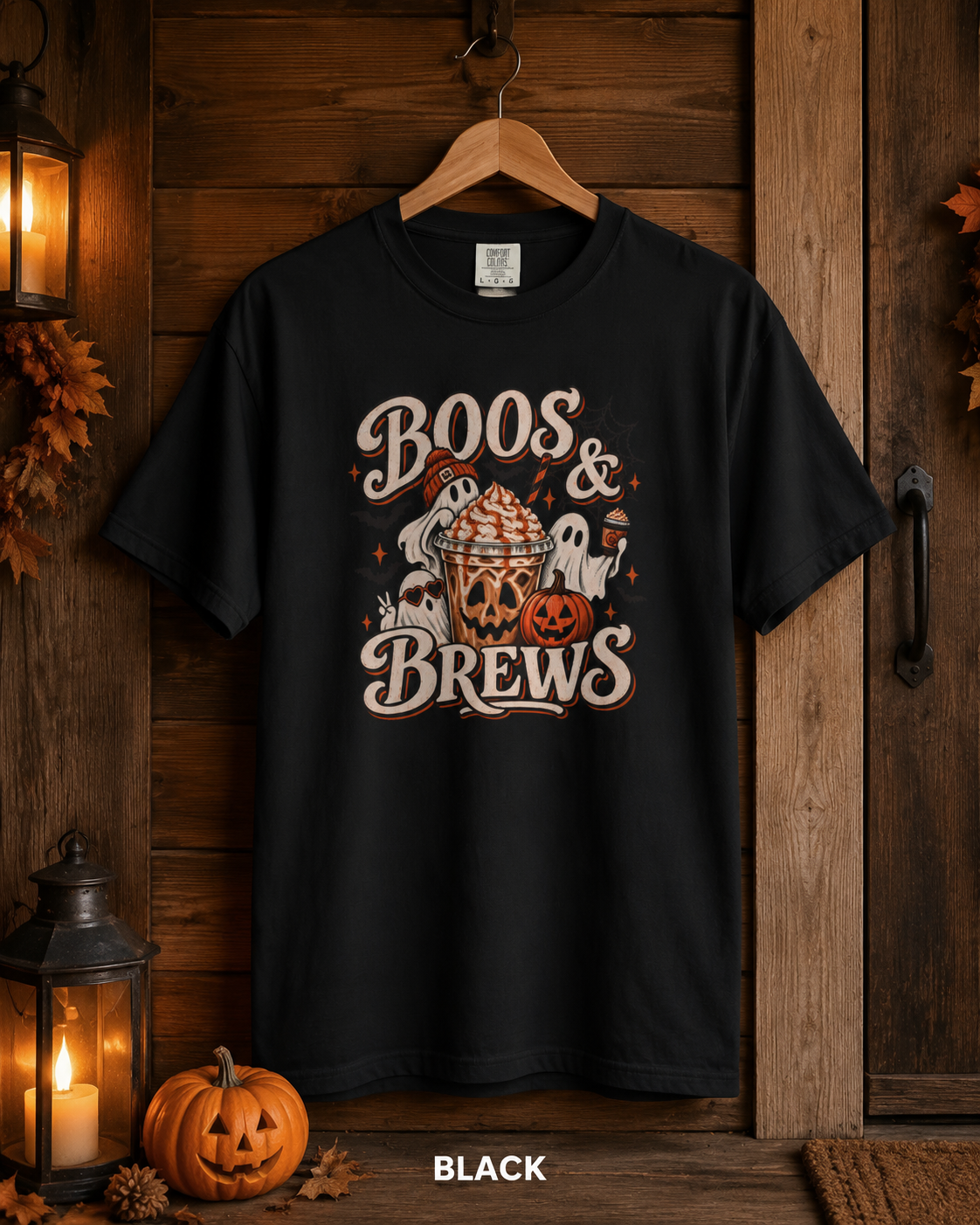 Boos & Brews Halloween Graphic T-shirt | Pumpkin Ghost Coffee Tee