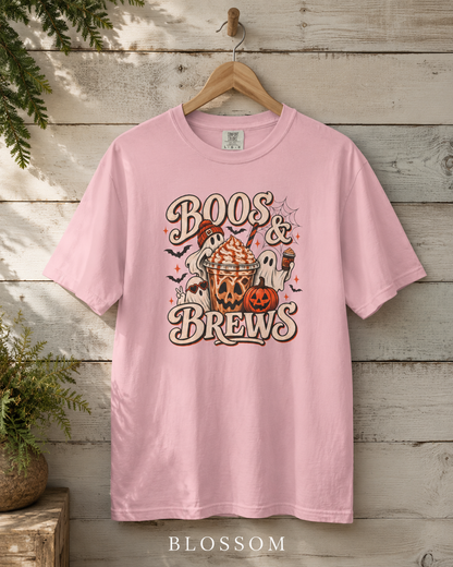 Boos & Brews Halloween Graphic T-shirt | Pumpkin Ghost Coffee Tee