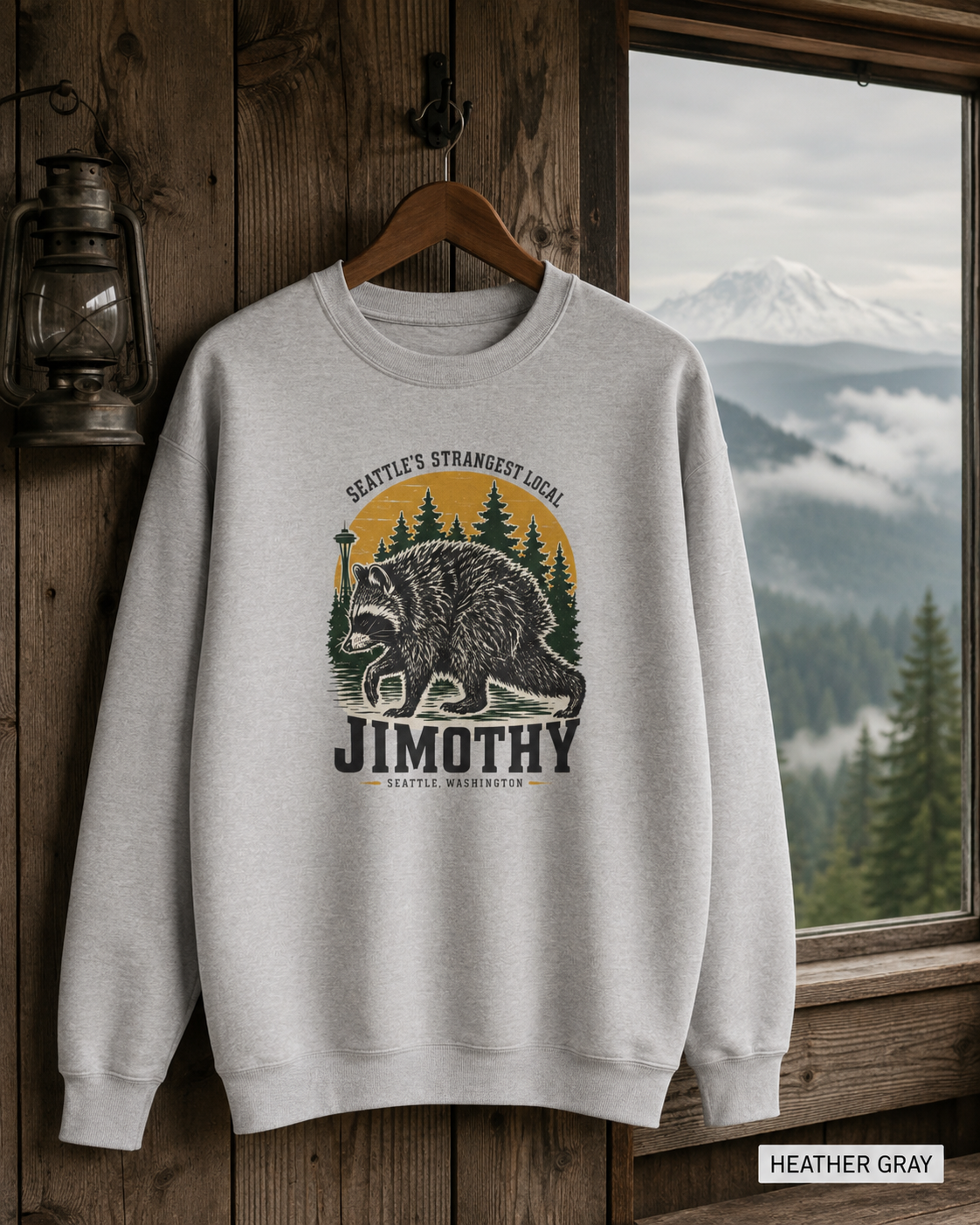 Crewneck Sweatshirt — 'Jimothy' Seattle Raccoon Graphic | Pacific Northwest Vintage Outdoor Vibe