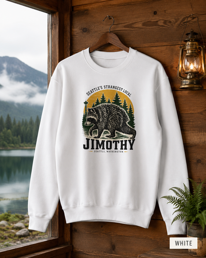 Crewneck Sweatshirt — 'Jimothy' Seattle Raccoon Graphic | Pacific Northwest Vintage Outdoor Vibe