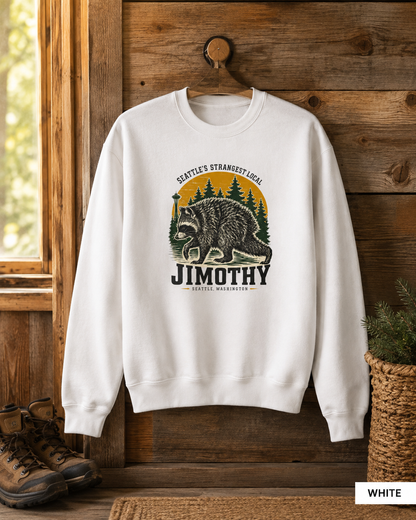 Crewneck Sweatshirt — 'Jimothy' Seattle Raccoon Graphic | Pacific Northwest Vintage Outdoor Vibe