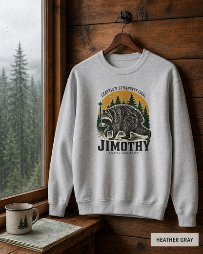 Crewneck Sweatshirt — 'Jimothy' Seattle Raccoon Graphic | Pacific Northwest Vintage Outdoor Vibe