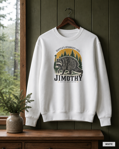 Crewneck Sweatshirt — 'Jimothy' Seattle Raccoon Graphic | Pacific Northwest Vintage Outdoor Vibe