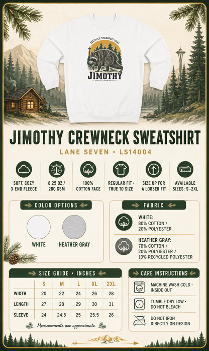 Crewneck Sweatshirt — 'Jimothy' Seattle Raccoon Graphic | Pacific Northwest Vintage Outdoor Vibe