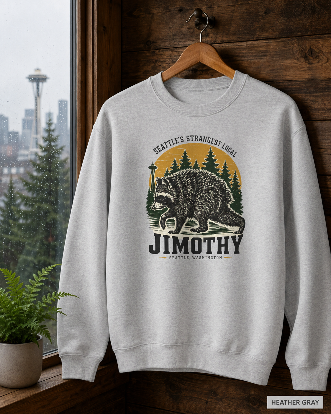 Crewneck Sweatshirt — 'Jimothy' Seattle Raccoon Graphic | Pacific Northwest Vintage Outdoor Vibe