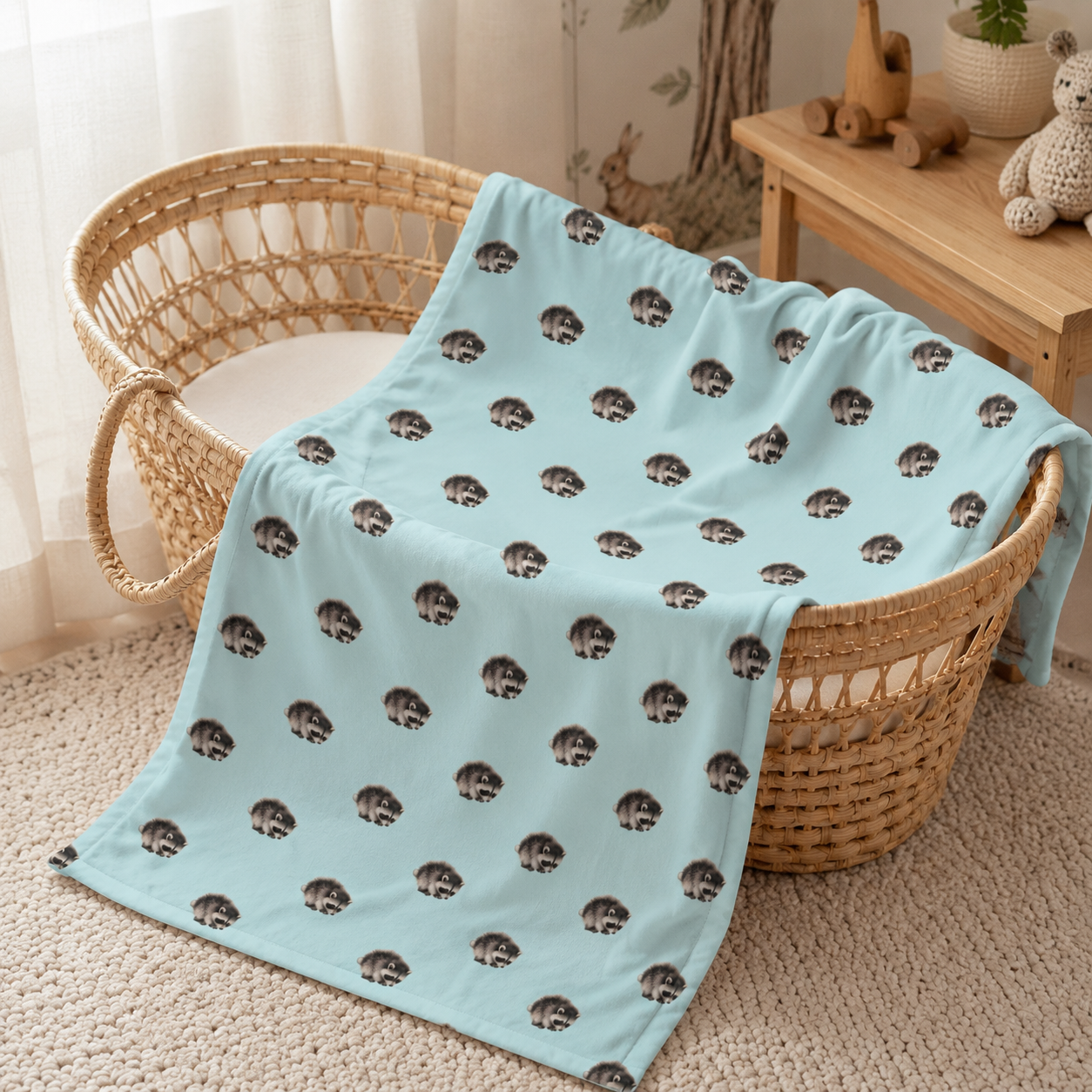 Raccoon Pattern Baby Swaddle Blanket  Blue Nursery Animal Swaddle