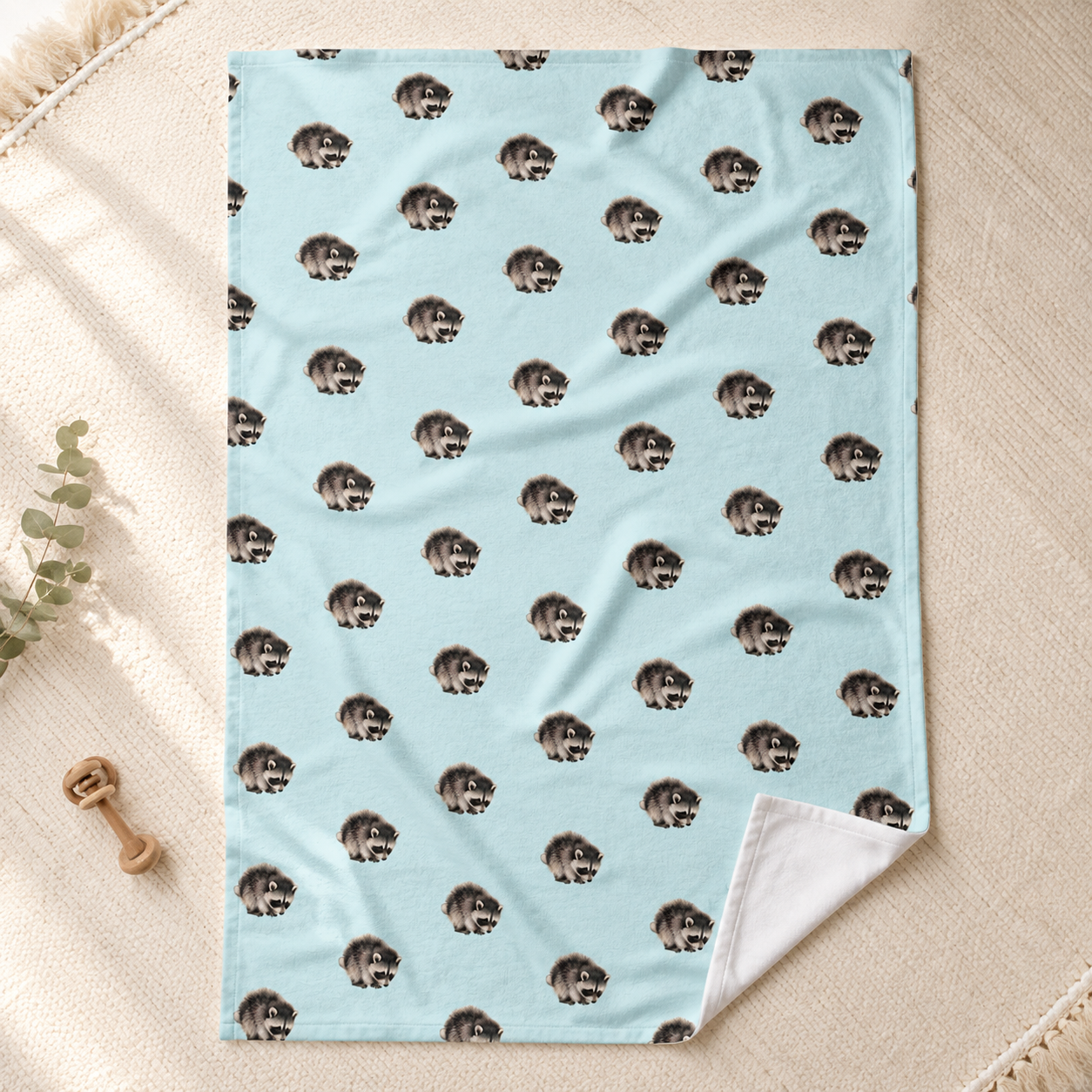 Raccoon Pattern Baby Swaddle Blanket  Blue Nursery Animal Swaddle