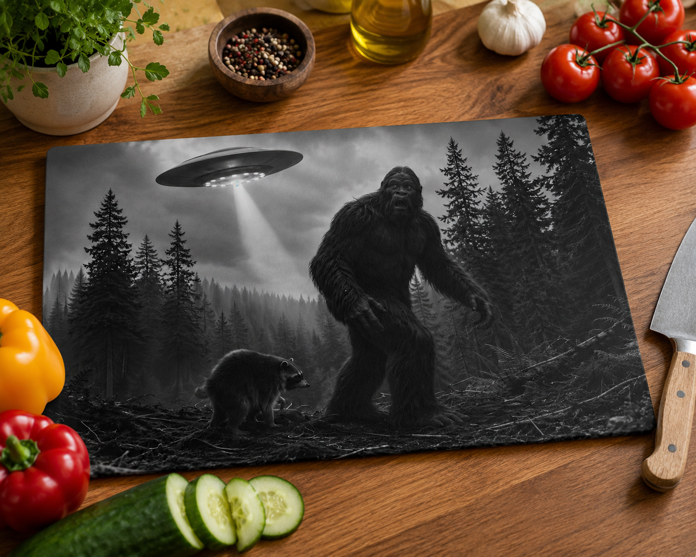 Bigfoot and UFO Forest Scene Glass Cutting Board | Sasquatch Alien Art