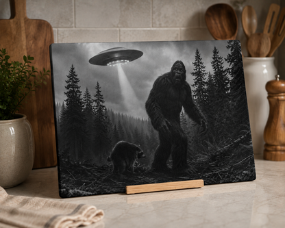 Bigfoot and UFO Forest Scene Glass Cutting Board | Sasquatch Alien Art