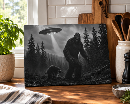 Bigfoot and UFO Forest Scene Glass Cutting Board | Sasquatch Alien Art