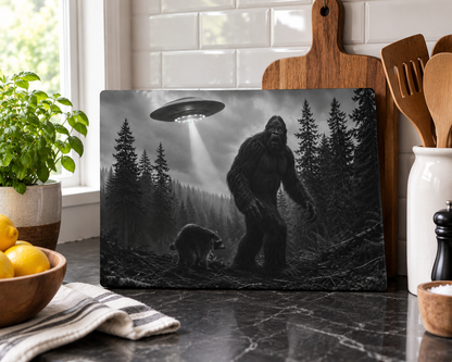 Bigfoot and UFO Forest Scene Glass Cutting Board | Sasquatch Alien Art