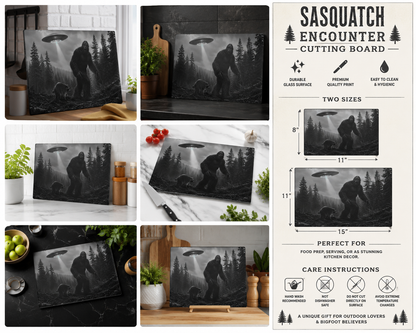 Bigfoot and UFO Forest Scene Glass Cutting Board | Sasquatch Alien Art