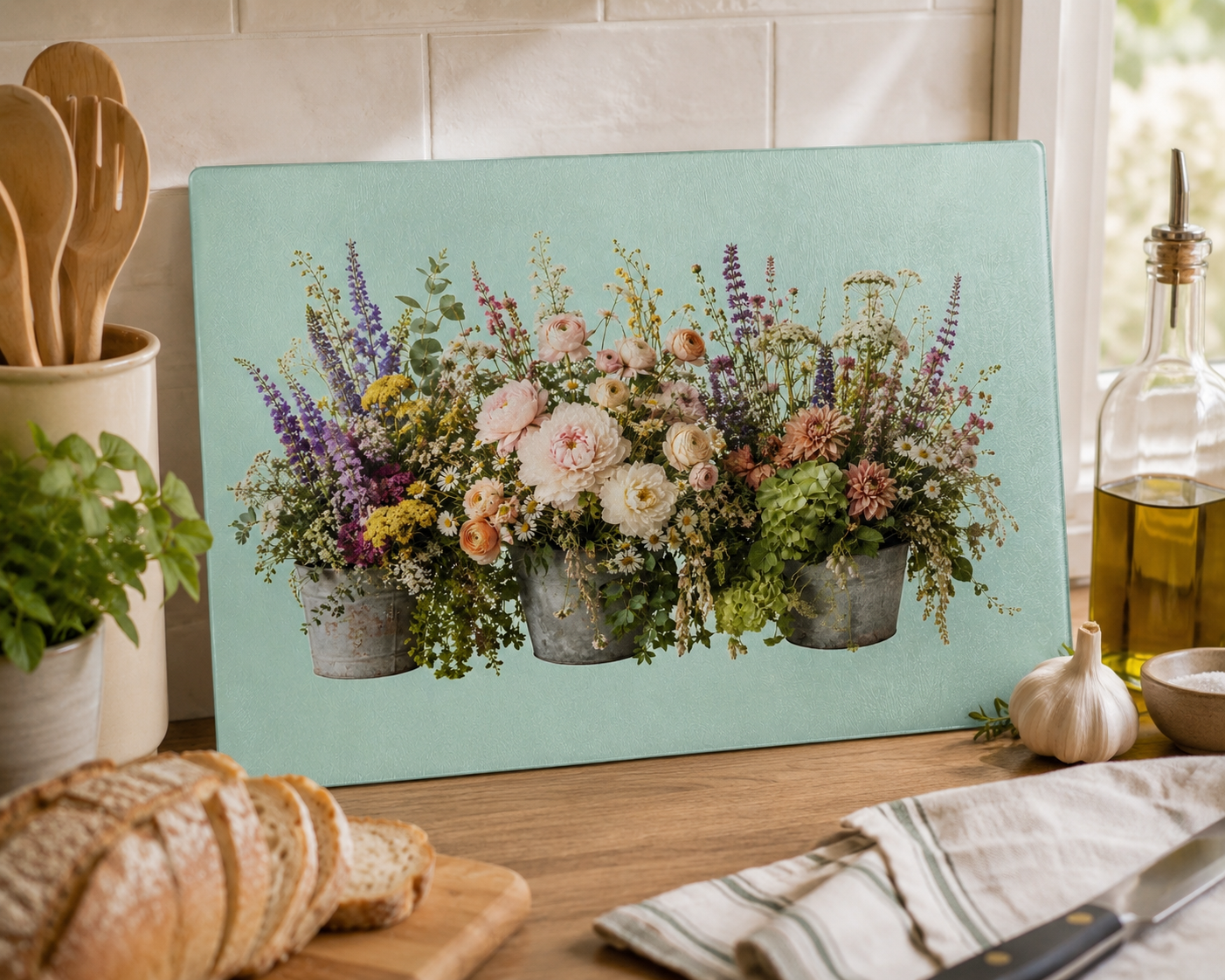 Vintage Floral Bouquet Glass Cutting Board | Wildflower Arrangement, Pastel Flowers