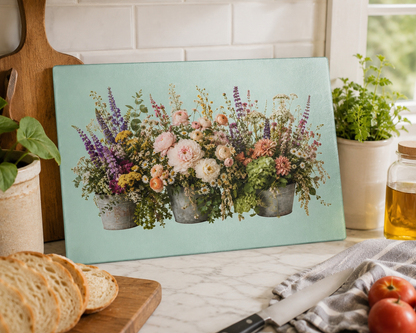 Vintage Floral Bouquet Glass Cutting Board | Wildflower Arrangement, Pastel Flowers
