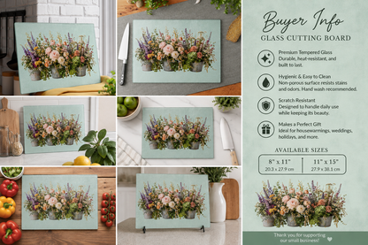 Vintage Floral Bouquet Glass Cutting Board | Wildflower Arrangement, Pastel Flowers