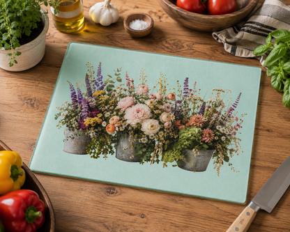Vintage Floral Bouquet Glass Cutting Board | Wildflower Arrangement, Pastel Flowers