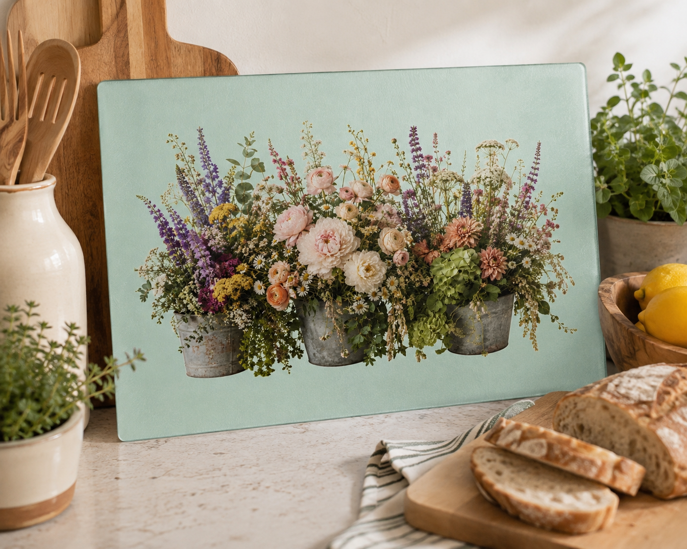Vintage Floral Bouquet Glass Cutting Board | Wildflower Arrangement, Pastel Flowers