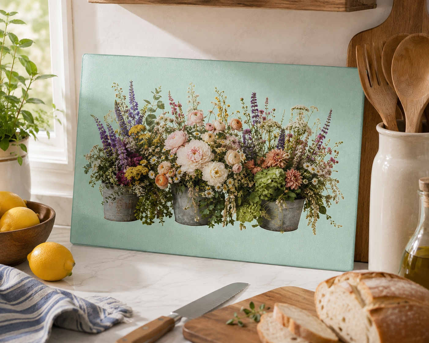 Vintage Floral Bouquet Glass Cutting Board | Wildflower Arrangement, Pastel Flowers