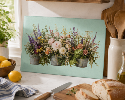 Vintage Floral Bouquet Glass Cutting Board | Wildflower Arrangement, Pastel Flowers
