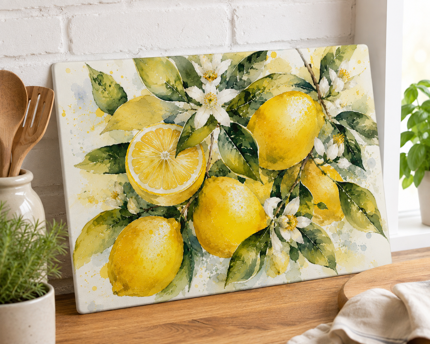 Lemon Watercolor Glass Cutting Board | Citrus Kitchen Decor