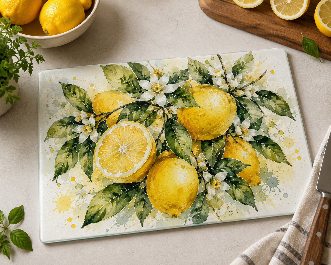 Lemon Watercolor Glass Cutting Board | Citrus Kitchen Decor