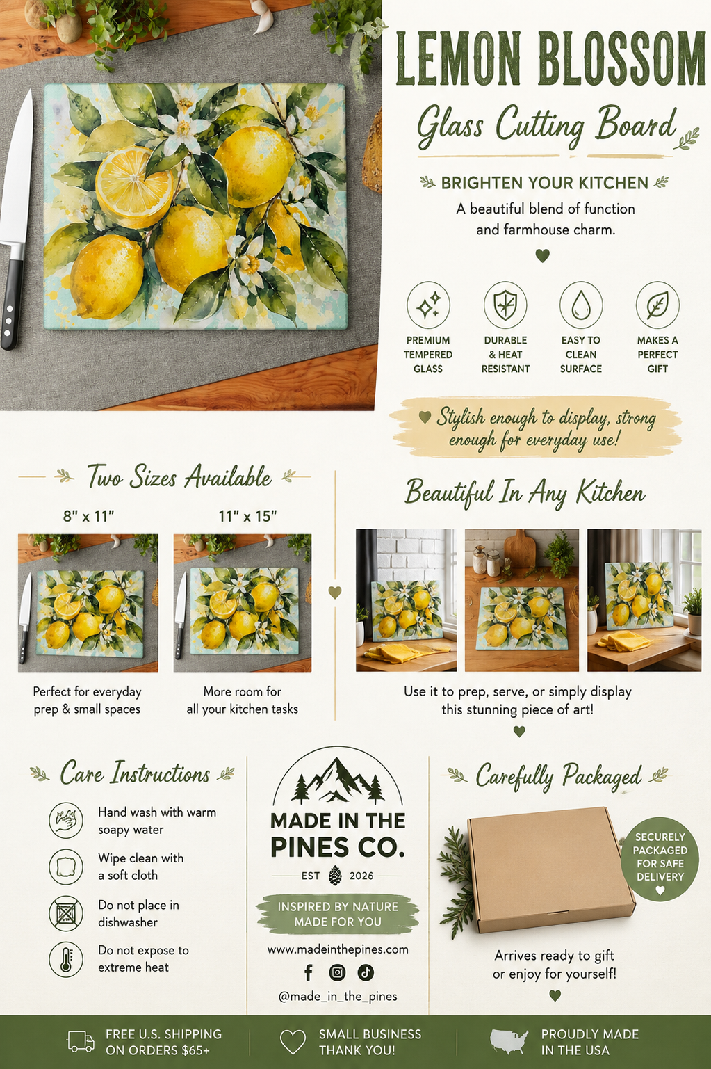 Lemon Watercolor Glass Cutting Board | Citrus Kitchen Decor