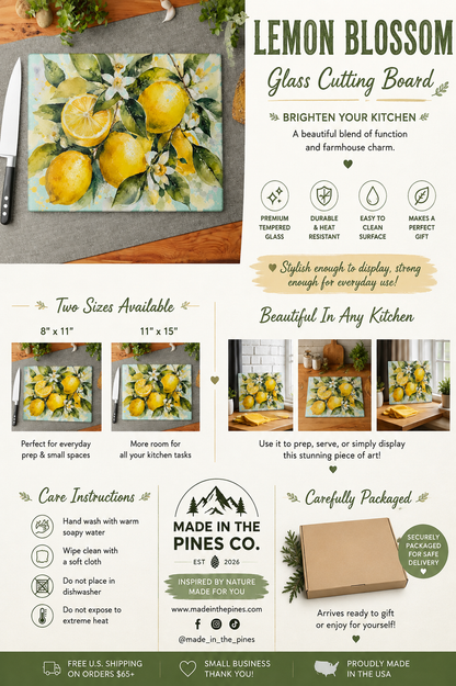Lemon Watercolor Glass Cutting Board | Citrus Kitchen Decor