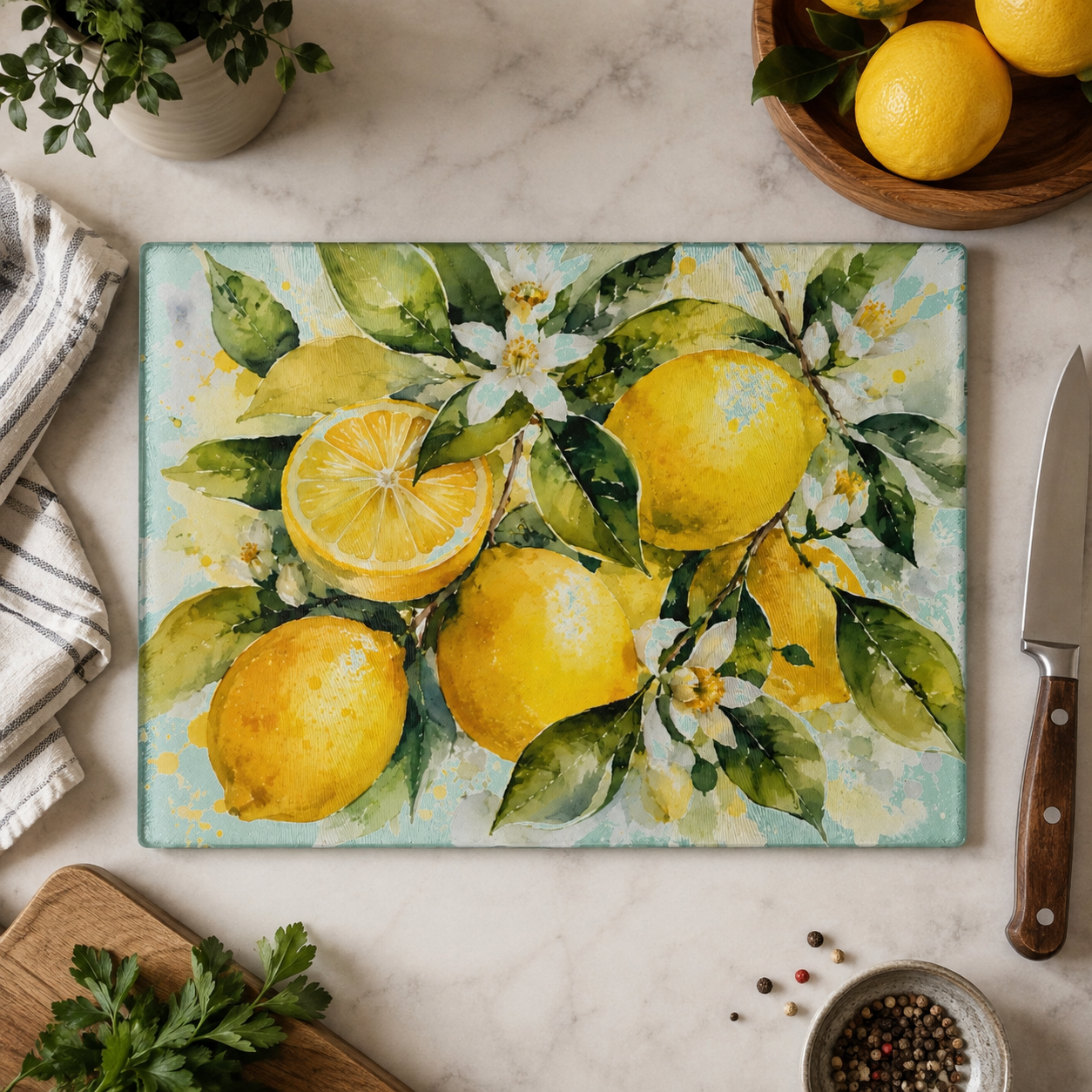 Lemon Watercolor Glass Cutting Board | Citrus Kitchen Decor