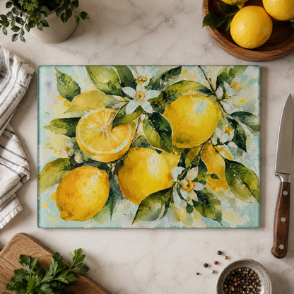 Lemon Watercolor Glass Cutting Board | Citrus Kitchen Decor