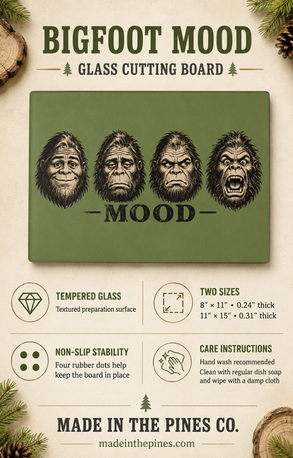 Glass Cutting Board — 'Mood' Bigfoot Sasquatch Faces Decorative Kitchen Board
