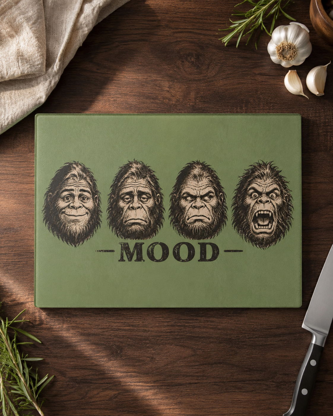 Glass Cutting Board — 'Mood' Bigfoot Sasquatch Faces Decorative Kitchen Board