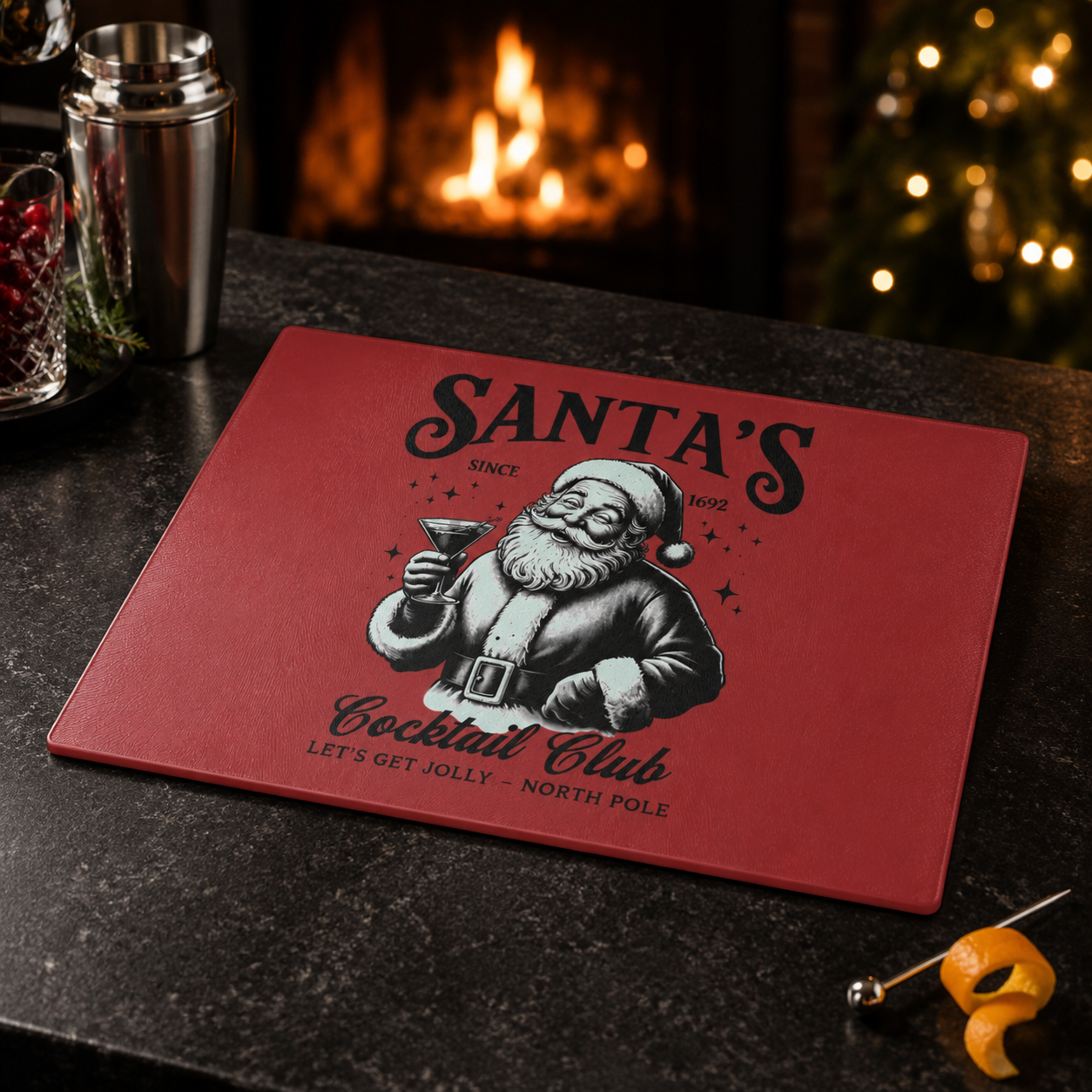 Santa’s Cocktail Club Glass Cutting Board — Festive Christmas Kitchen Decor