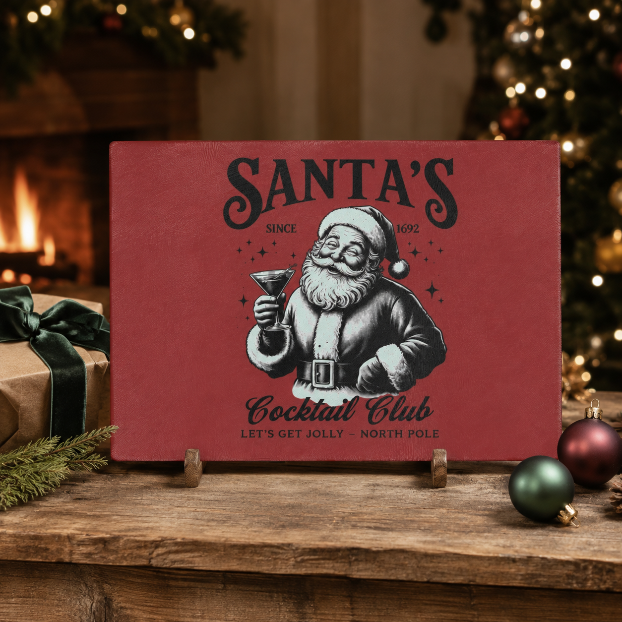 Santa’s Cocktail Club Glass Cutting Board — Festive Christmas Kitchen Decor