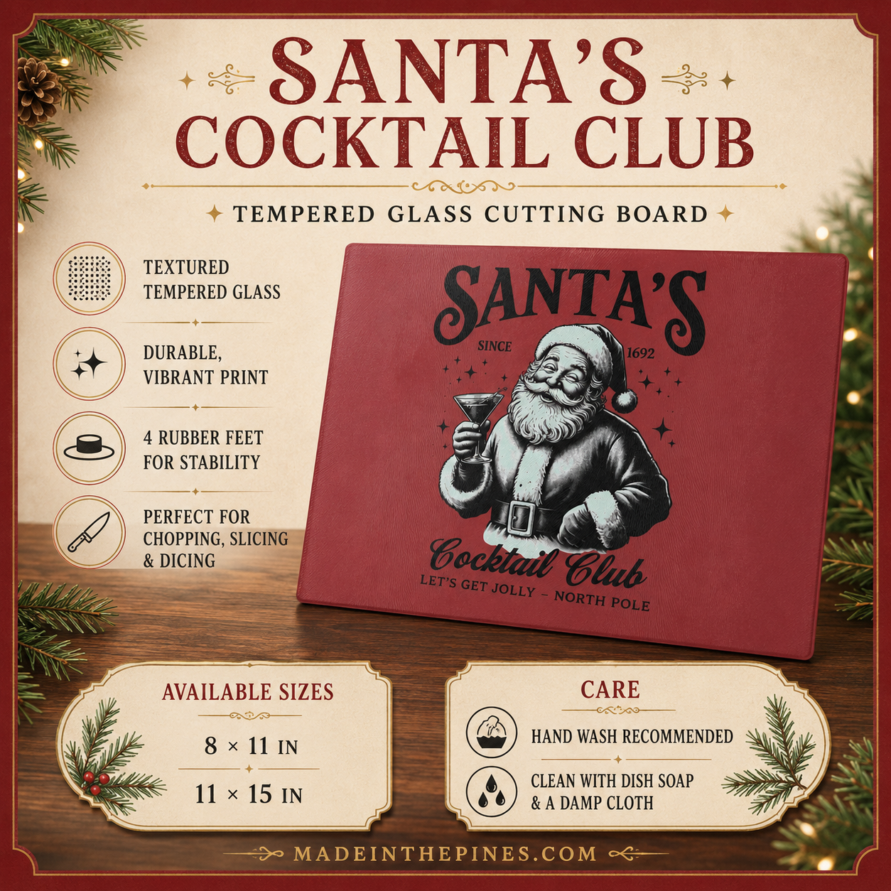 Santa’s Cocktail Club Glass Cutting Board — Festive Christmas Kitchen Decor