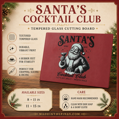 Santa’s Cocktail Club Glass Cutting Board — Festive Christmas Kitchen Decor