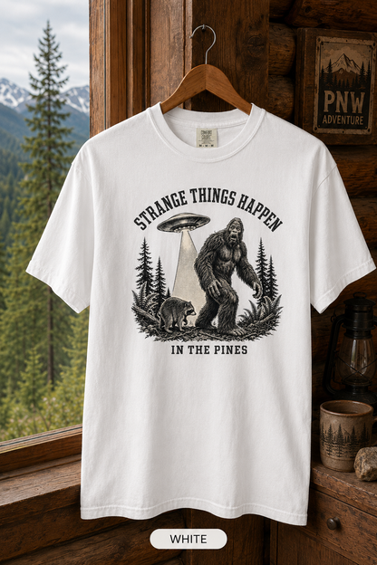 Bigfoot and UFO Forest Scene T-Shirt | Sasquatch Alien Encounter Tee