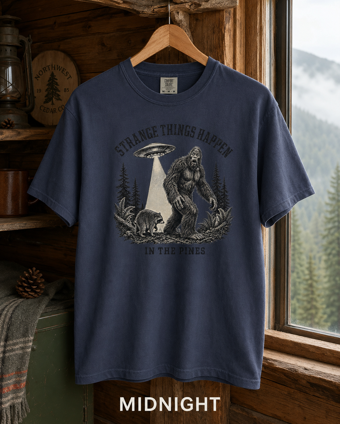 Bigfoot and UFO Forest Scene T-Shirt | Sasquatch Alien Encounter Tee