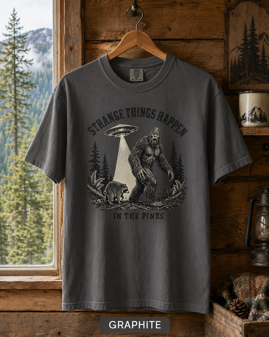 Bigfoot and UFO Forest Scene T-Shirt | Sasquatch Alien Encounter Tee