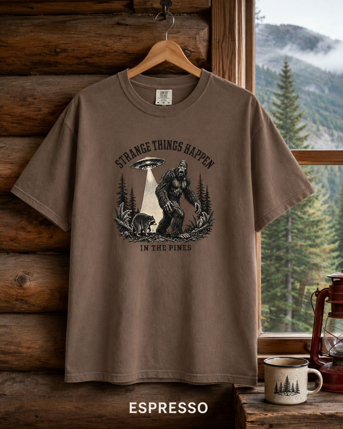 Bigfoot and UFO Forest Scene T-Shirt | Sasquatch Alien Encounter Tee