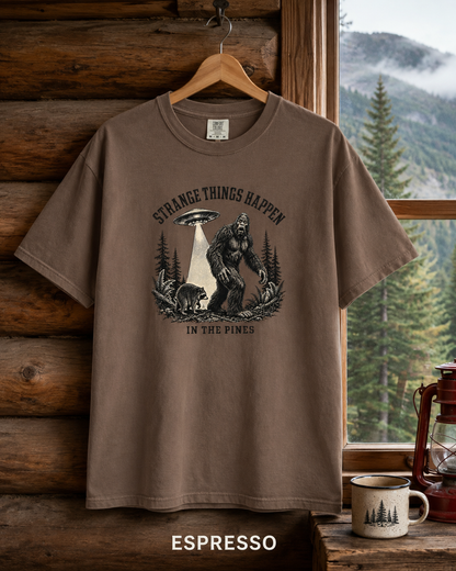 Bigfoot and UFO Forest Scene T-Shirt | Sasquatch Alien Encounter Tee