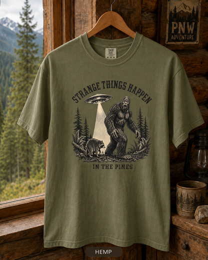 Bigfoot and UFO Forest Scene T-Shirt | Sasquatch Alien Encounter Tee