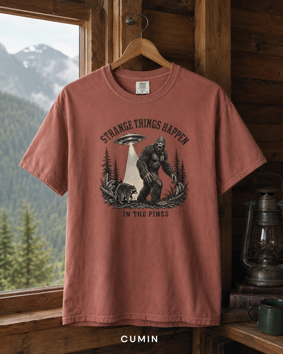 Bigfoot and UFO Forest Scene T-Shirt | Sasquatch Alien Encounter Tee