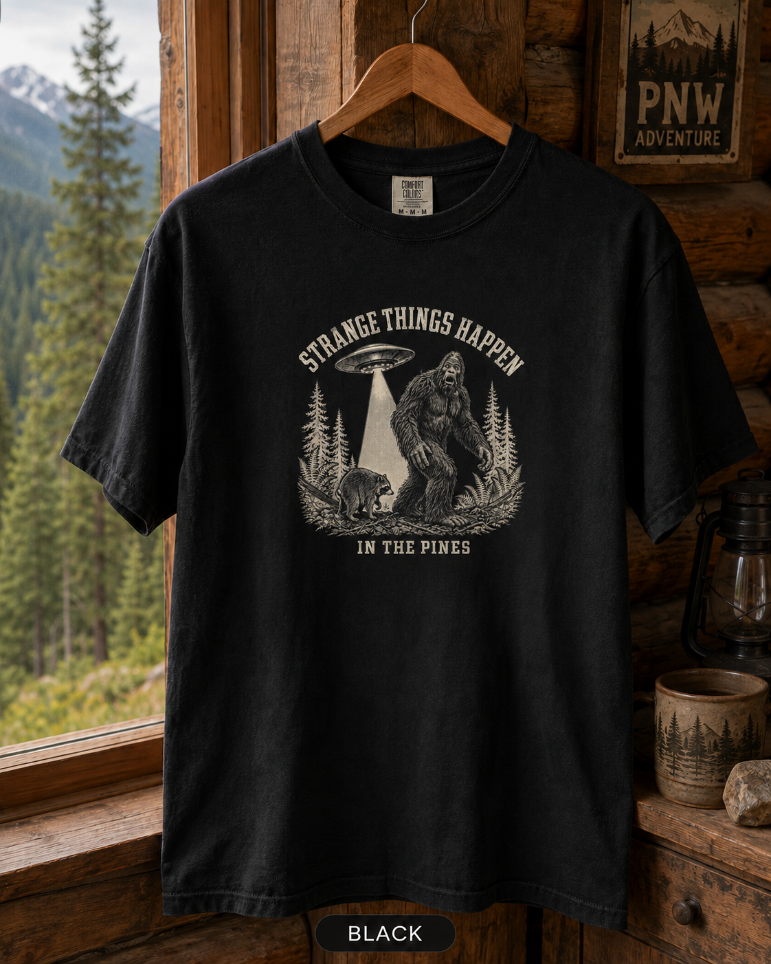 Bigfoot and UFO Forest Scene T-Shirt | Sasquatch Alien Encounter Tee