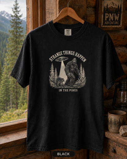 Bigfoot and UFO Forest Scene T-Shirt | Sasquatch Alien Encounter Tee